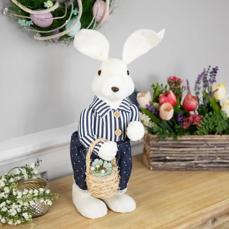 19" Standing Girl Bunny with Basket Easter Figure - Navy Blue
