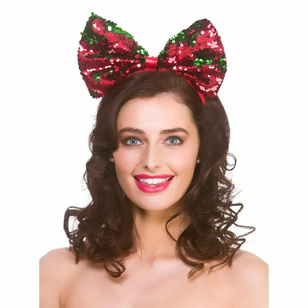 Adults Flip Sequin Christmas Bow Red Green Fancy Dress Party