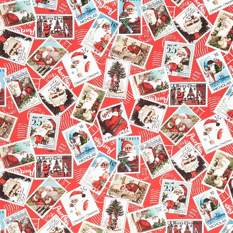 Nicholas - Santa Stamps Red Yardage