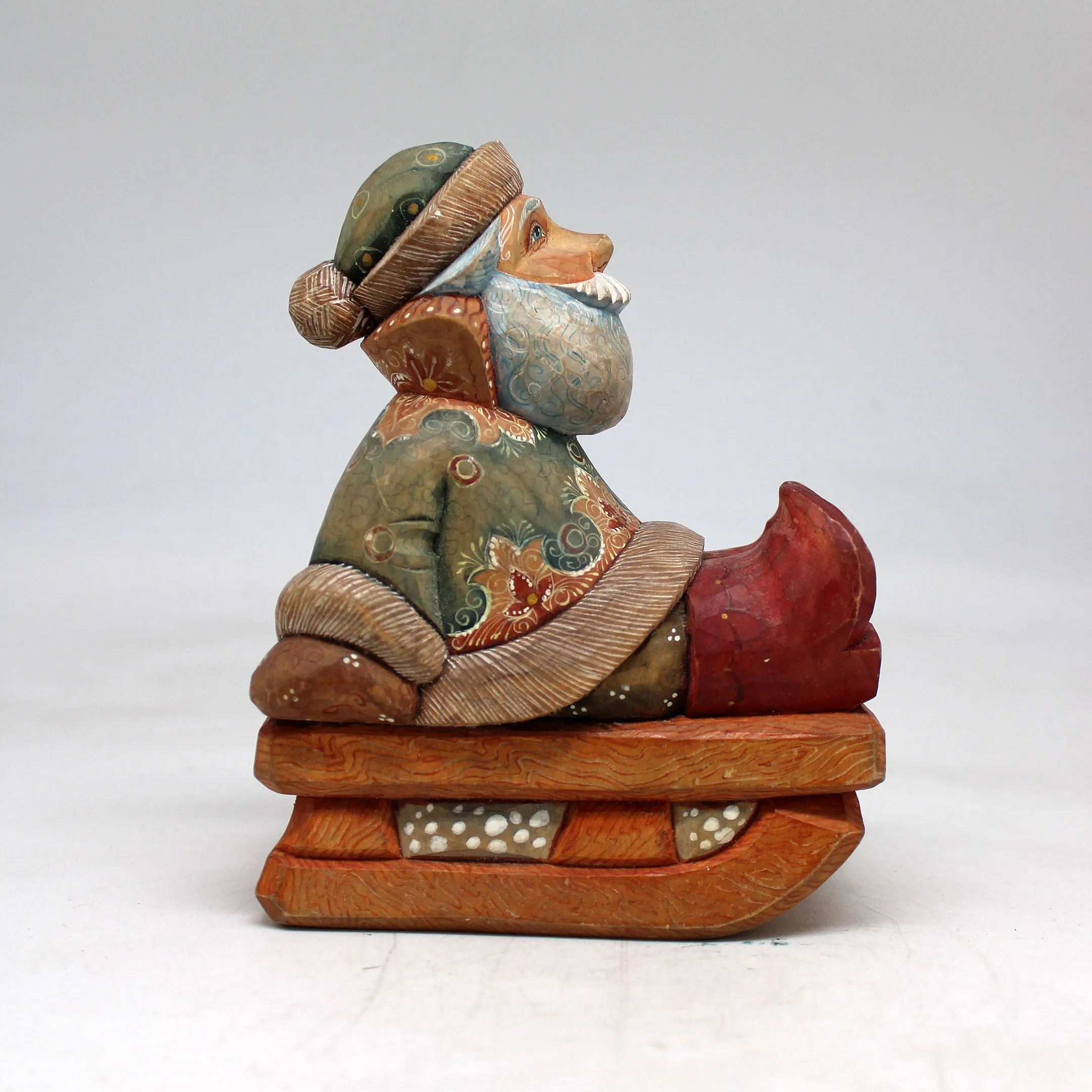 One-of-a-Kind Santa on Sleigh WOODCARVED Figurine 55x45x3 by G DeBrekht Handcrafted and Hand-Painted Collectible