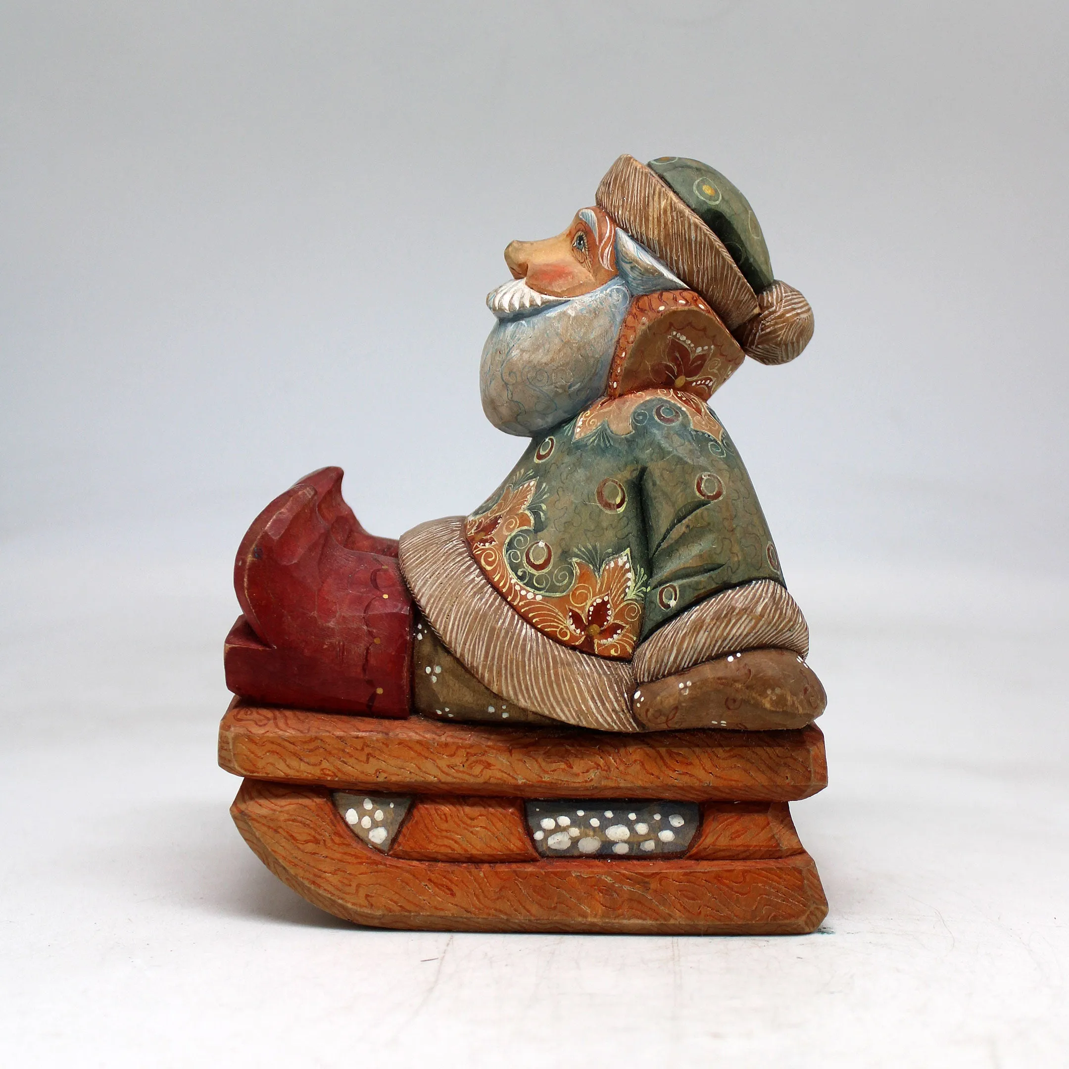 One-of-a-Kind Santa on Sleigh WOODCARVED Figurine 55x45x3 by G DeBrekht Handcrafted and Hand-Painted Collectible